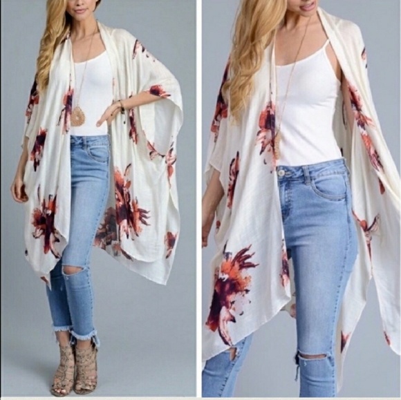 Floral Print Kimono Shawl-Cream - Picture 5 of 7
